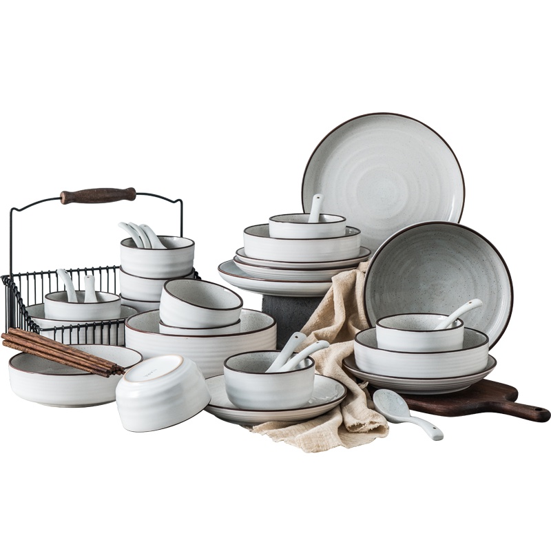 亿嘉IJARL 创意北欧式简约碗筷盘碟结婚送礼厨房个性陶瓷餐具套装礼盒韦斯顿42件套白