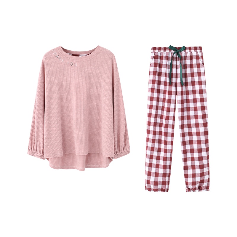 针织提条素色圆领男女套装