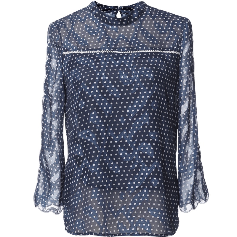 欧昵雪新波浪边喇叭袖圆领波点雪纺衫女七分袖圆点上衣