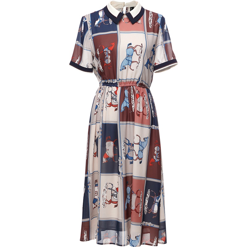 欧昵雪 夏polo领动物图案花色高腰短袖松紧腰雪纺连衣裙女X