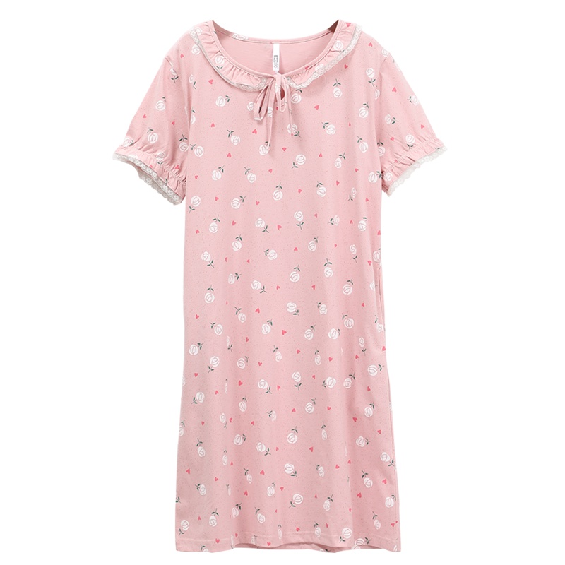 红豆居家Hodohome纯棉睡裙女夏薄款碎花可爱短袖家居服娃娃领短裙睡衣夏