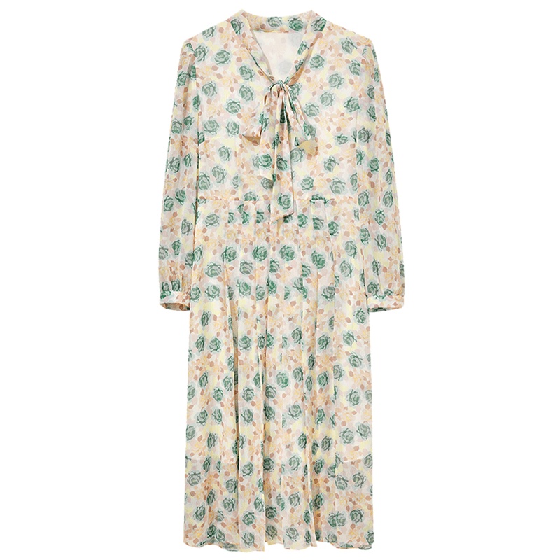 三彩2020秋季新款V领系带原创玫瑰花印花裙灯笼袖雪纺连衣裙女