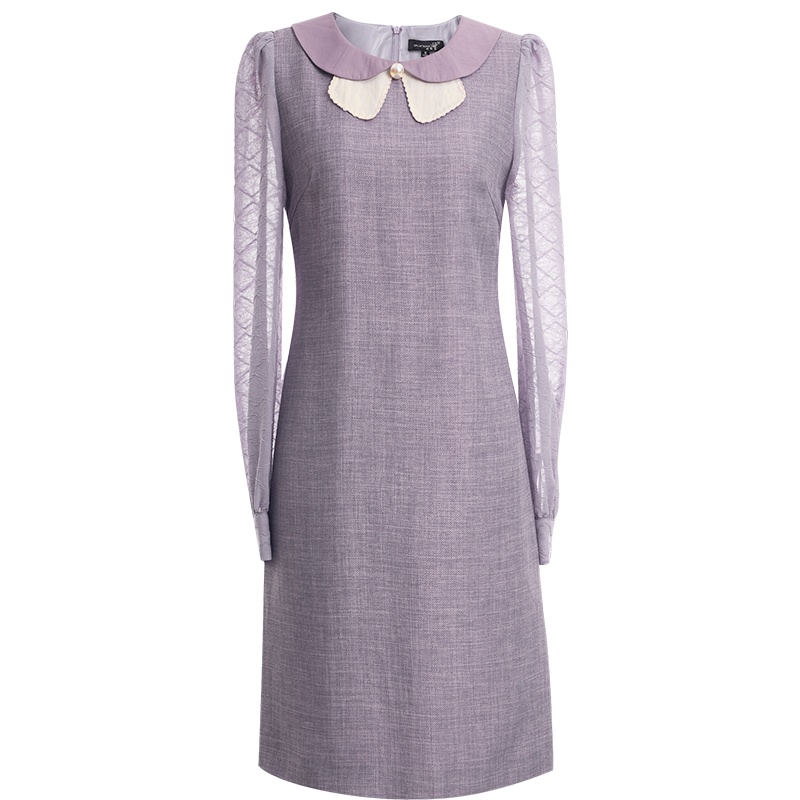 OUNIXUE欧昵雪 | [轻熟风直筒裙子]春秋减龄翻领拼接雪纺菱格长袖连衣裙女