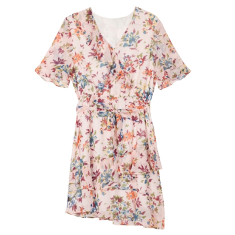 【专柜同款】拉夏贝尔新款女装夏季雪纺碎花连衣裙休闲a字收腰短款v领裙子30092383