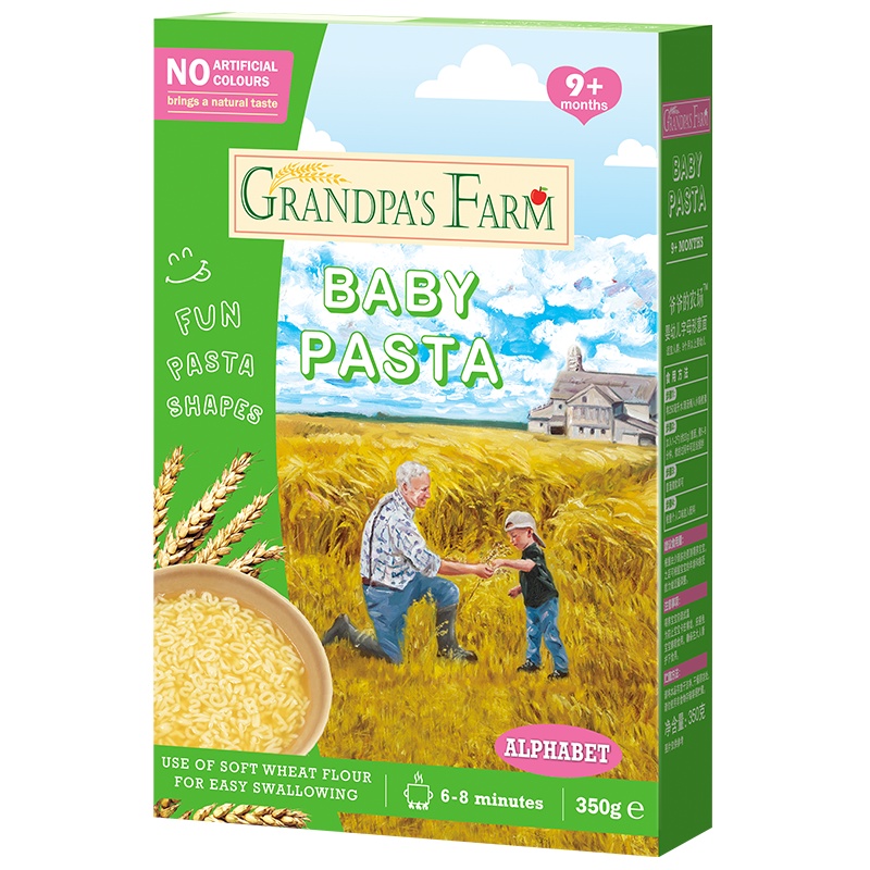 爷爷的农场 宝宝面条婴幼儿辅食面条 可爱早教字母形营养面颗粒面无盐粒粒面 350g/盒