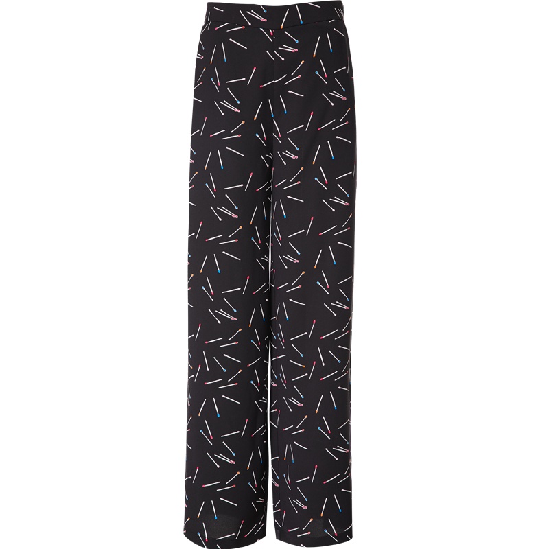 欧昵雪夏季通勤高腰修身印花开叉九分阔腿裤女宽松休闲裤