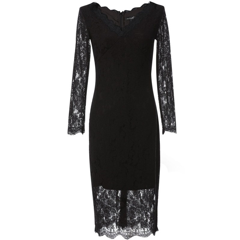 欧昵雪秋波浪边气质V领九分袖修身睫毛蕾丝连衣裙女中裙