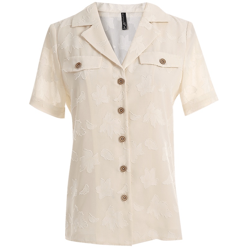 欧昵雪夏季西装领提花显瘦短袖衬衫上衣女设计感小众衬衣