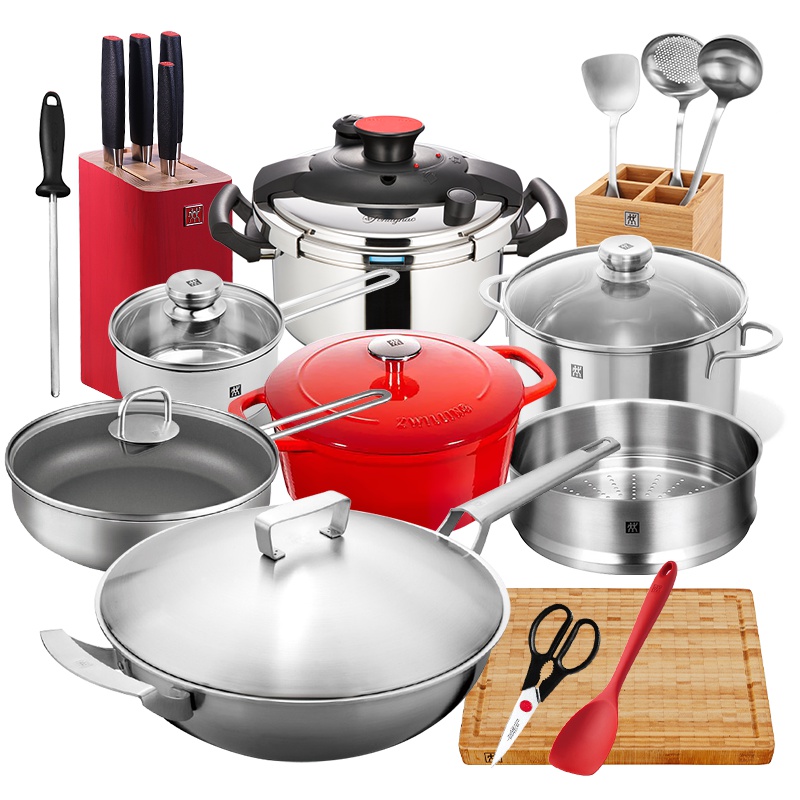 双立人(ZWILLING)Gourmet 30cm中式炒锅套装家用不锈钢高压锅压力锅汤锅奶锅铸铁锅不粘煎锅菜刀蔬果刀组合