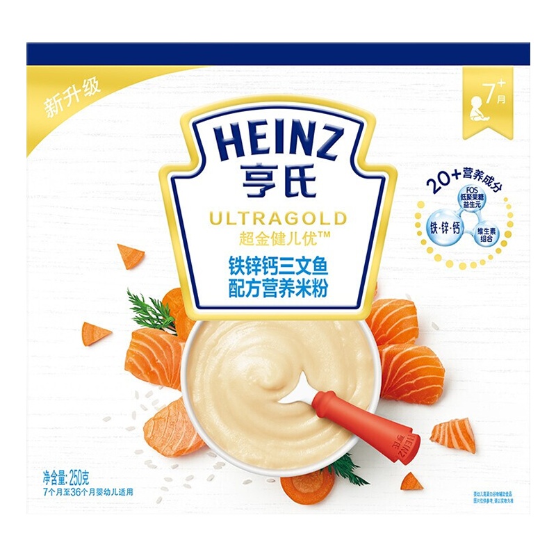 亨氏(Heinz)超金健儿优铁锌钙三文鱼配方营养米粉250g 适用辅食添加初期以上至36个月 宝宝辅食婴儿米粉米糊