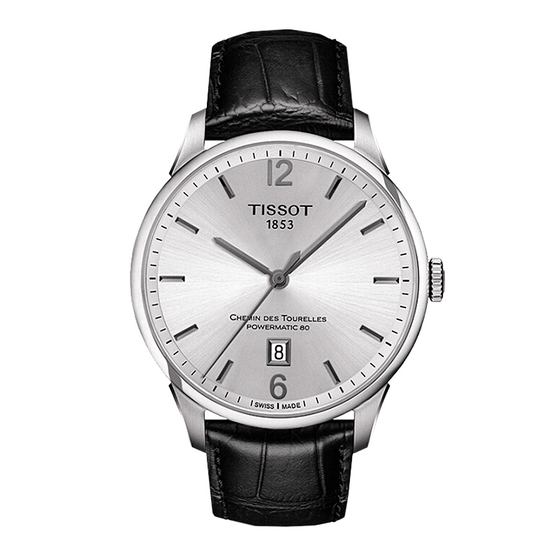 天梭(TISSOT)杜鲁尔系列自动机械银盘黑皮带时尚休闲男表 T099.407.16.037.00