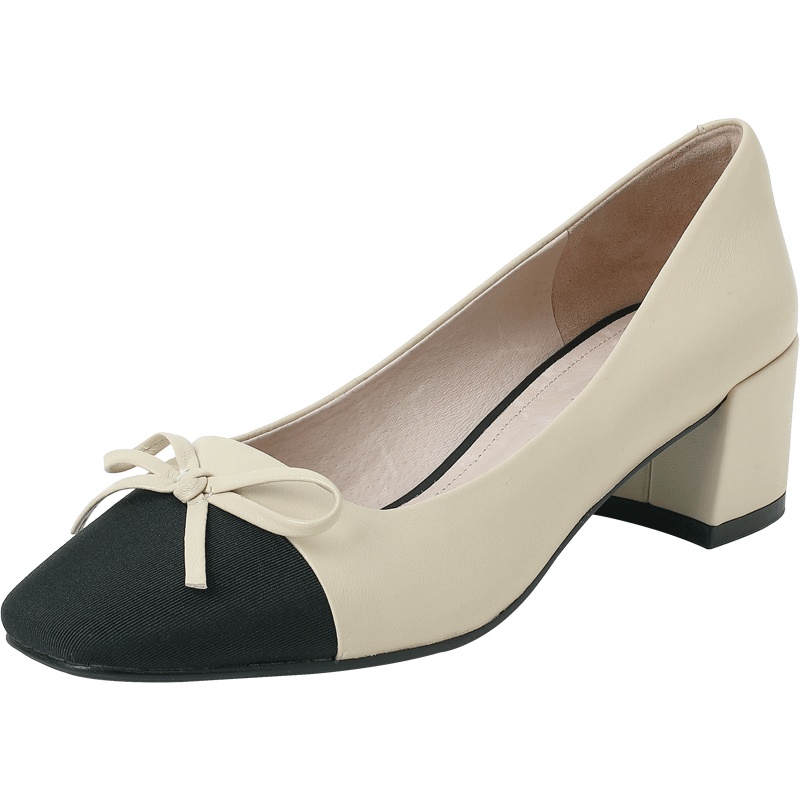 百田森新款仙女风高跟鞋女蝴蝶结百搭潮鞋小香风粗跟单鞋