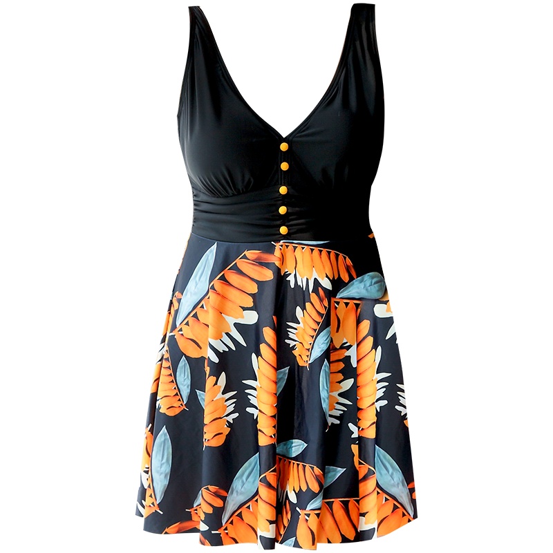 OOK连体裙式泳衣女士保守遮肚显瘦游泳衣大胸聚拢性感大码泳装新款 印花