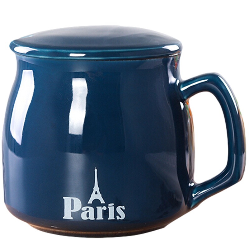 贝瑟斯 办公室喝水杯子 咖啡杯套装 陶瓷茶杯杯马克杯带盖带勺牛奶杯早餐杯 陶瓷杯子 蓝色