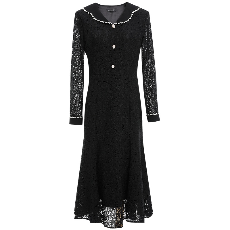 欧昵雪赫本风娃娃领收腰镂空蕾丝连衣裙女长袖中裙