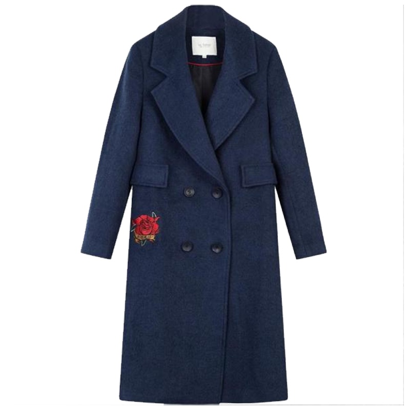 拉贝缇秋冬女士韩版复古绣花双排扣妮子外套加厚中长款羊毛呢子大衣60300170