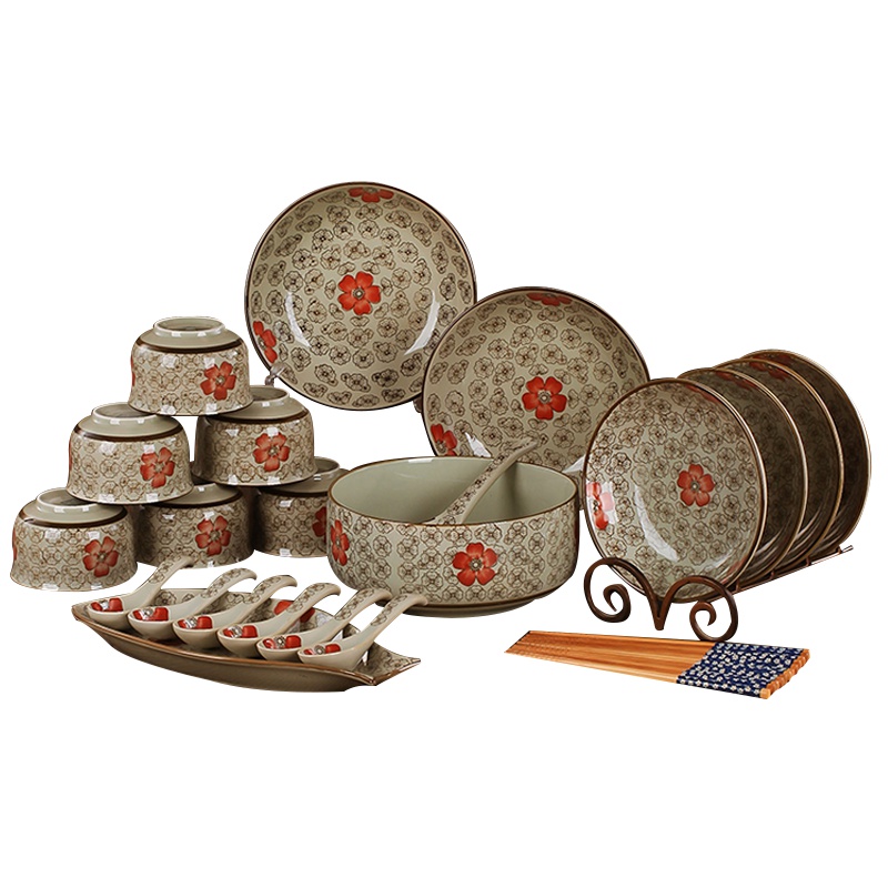 风源碗碟套装家用日式釉下彩陶瓷碗盘组合餐具套装(36头吉祥花(实用配置))