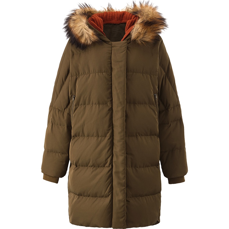 茵曼2018冬装新款隐形袋大毛领连帽宽松中长款面包服羽绒服女加厚