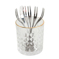 银叉树叶水果叉签果插套装烘焙精灵不锈钢创意时尚家用甜品叉点心叉蛋糕叉 粉猫筒+雨伞+6支银叉