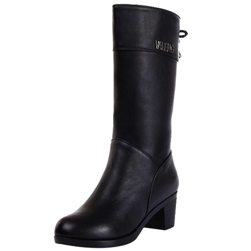 [头层牛皮羊毛棉靴]2022秋冬(冬季)女棉鞋棉靴真皮加绒中跟中筒靴方根长靴羊毛里雪地靴麦可斯.米娅妈妈鞋中老年防水靴子