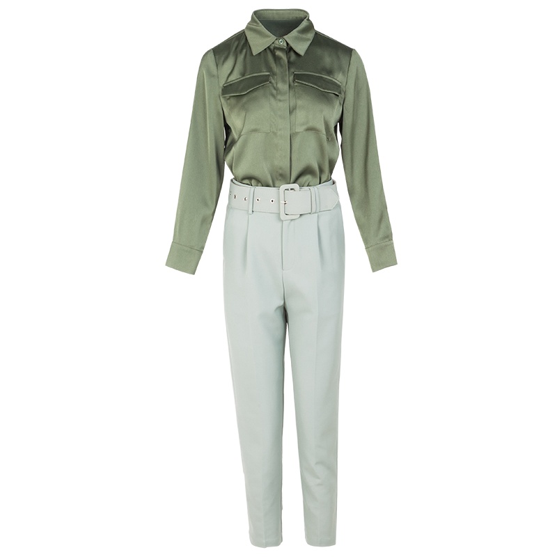 晚白2020秋冬新品两件套简约纯色衬衫高腰直筒裤休闲裤时尚套装女