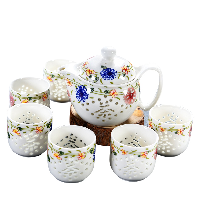 彩帮茶具套装青花玲珑镂空家用大茶壶茶杯陶瓷功夫泡茶器日式茶道