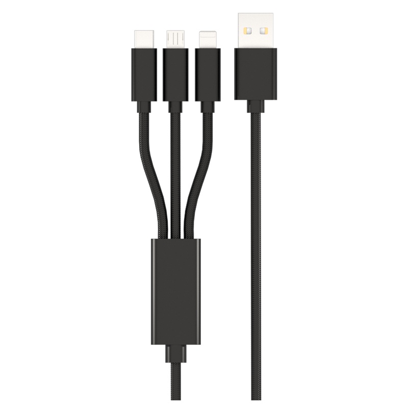 怀强快充苹果安卓type-c一拖三数据线编织线1.2黑色闪充三合一接口华为小米oppo红米vivo魅族荣耀手机充电宝线