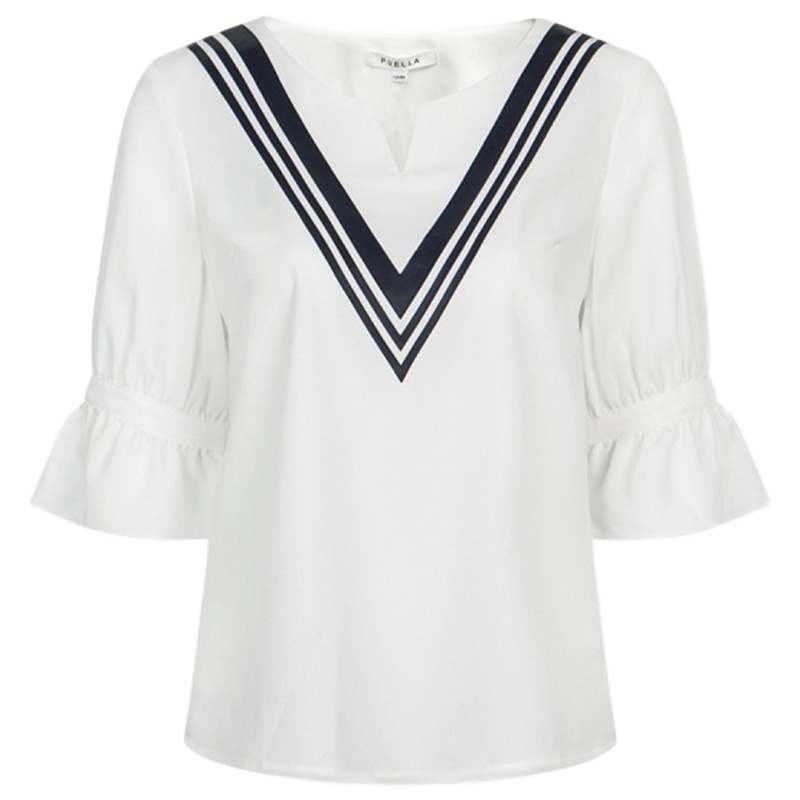 拉夏贝尔夏新款休闲印花七分袖圆领百搭小清新宽松衬衫 白色 S