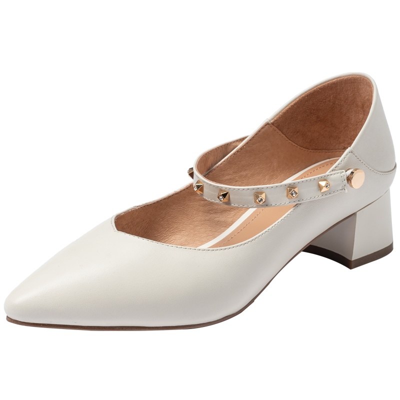 百田森秋季新款玛丽珍鞋女粗跟尖头时尚铆钉带装饰两穿单鞋