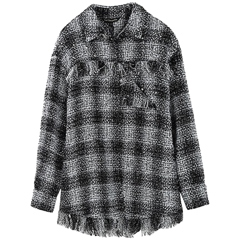 拉夏贝尔春季新款时尚百搭修身上衣开衫长袖流苏格子衬衣女10019532