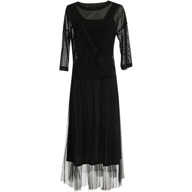 欧昵雪时尚五分袖显瘦上衣女吊带网纱连衣裙两件套装