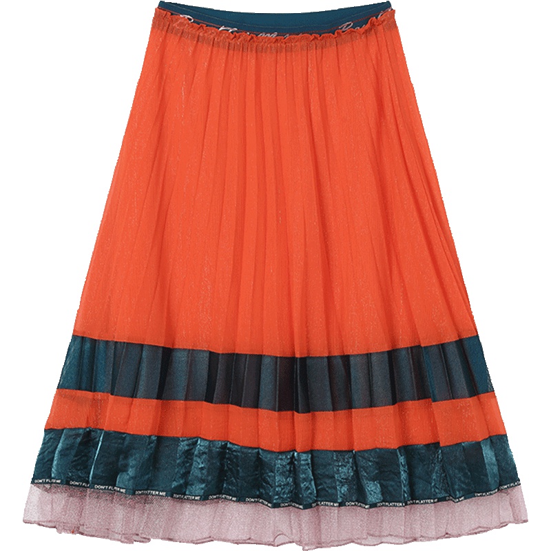 马克华菲女装2019夏新款百搭青秋百褶裙 中长款撞色半身裙