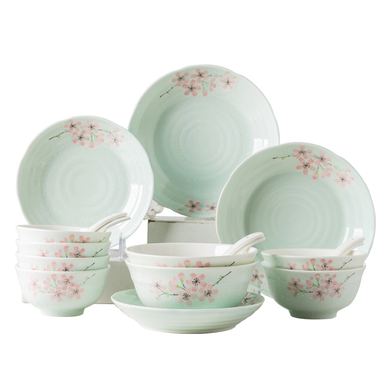 亿嘉IJARL 碗碟套装陶瓷餐具套装18头手绘日式釉下彩礼盒 樱花雪绿色