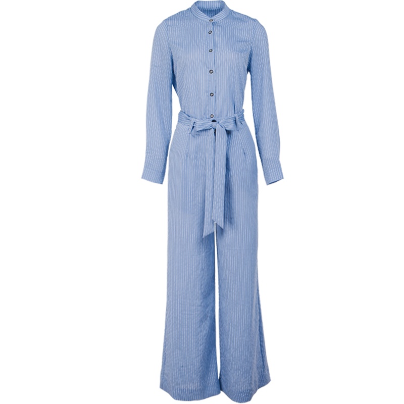 晚白2021春季新品时尚两件套条纹衬衫衬衣高腰阔腿裤通勤套装女