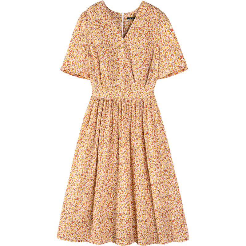 Semir森马连衣裙女2019秋季新款碎花雪纺裙V领收腰法式复古优雅茶歇裙