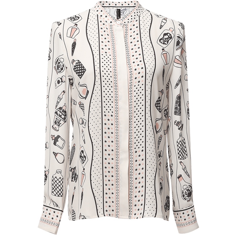 欧昵雪通勤立领长袖时尚小衫上衣修身显瘦印花衬衫女