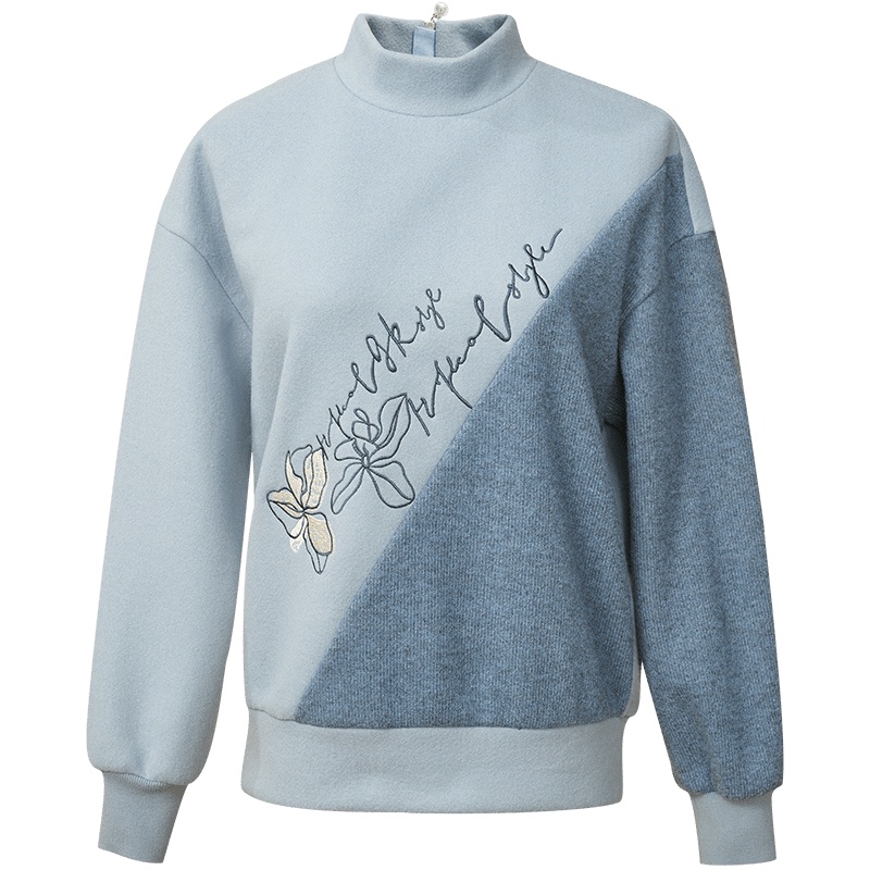 欧昵雪冬装半高领字母绣花加绒卫衣女拼色针织长袖上衣