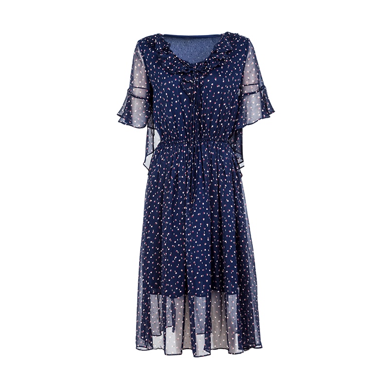 晚白 新品印花V领喇叭袖收腰显瘦中长款A字雪纺连衣裙女