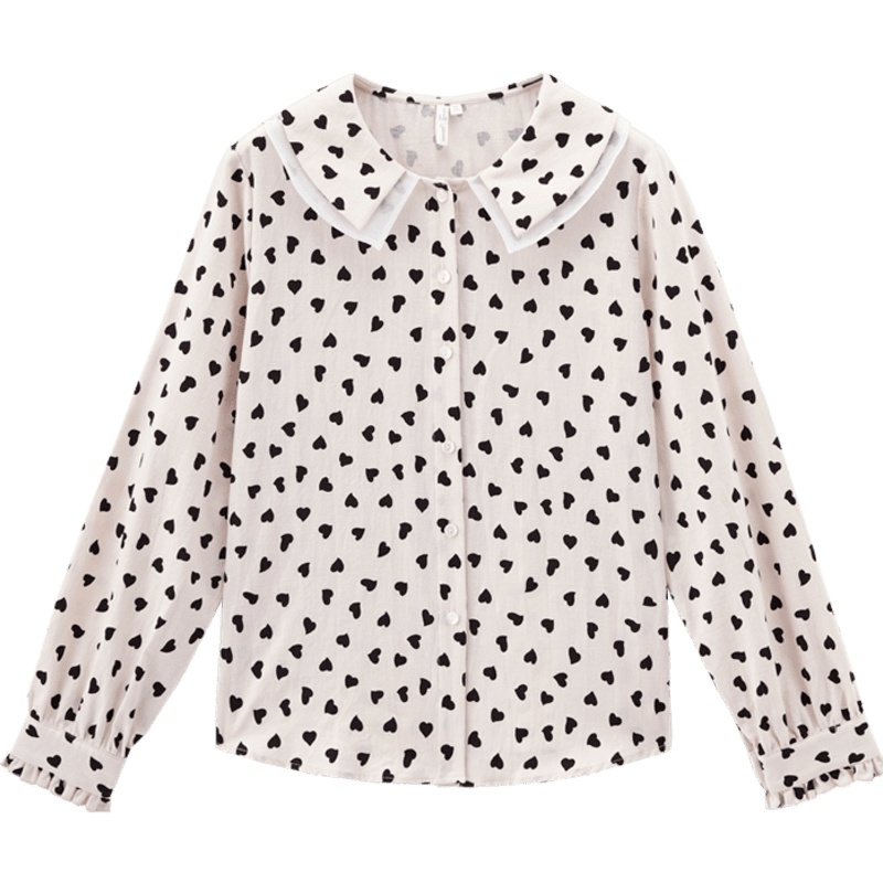 茵曼梨涡复古少女文艺2019秋装新款双层领桃心花色衬衫女长袖衬衣