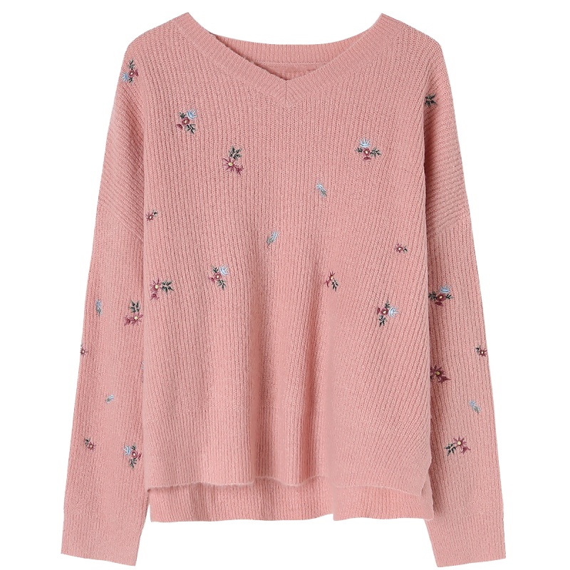 拉贝缇秋毛衣韩版植物绣花女装长袖上衣V领针织衫60007427