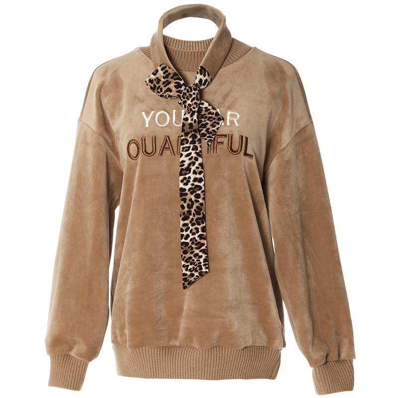 欧昵雪冬季字母绣花圆领套头加厚银狐绒宽松卫衣女长袖