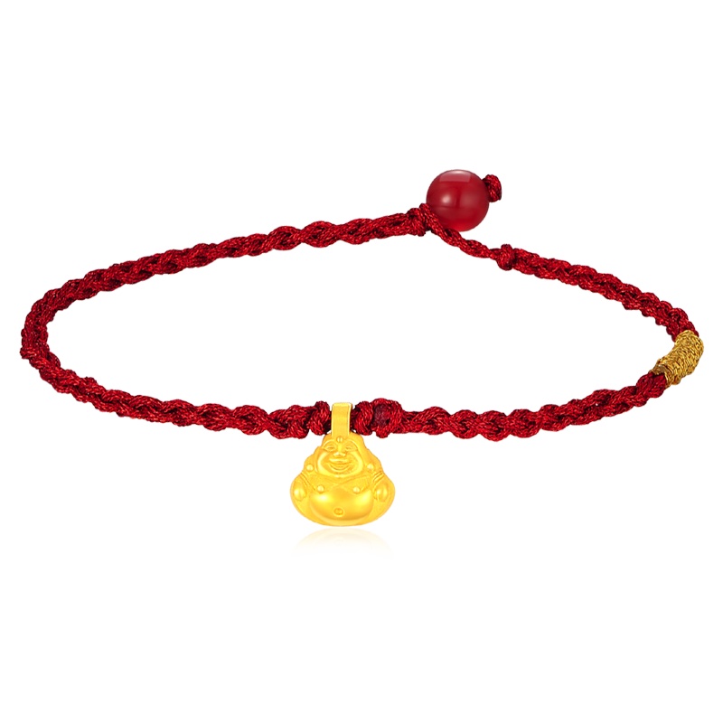 蒂蔻 吉祥弥勒佛黄金转运珠手链男女款3D硬足金佛教吊饰编织手绳鼠年礼物