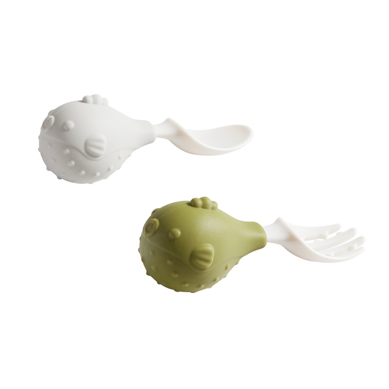 babycare宝宝叉勺学吃饭 短柄训练勺婴儿PPSU儿童餐具辅食勺套装 河豚-莫斯绿