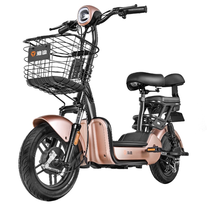 雅迪小王子精致版电池铅酸48V电动车踏板电瓶车亲子代步电动自行车简易款 油光玫瑰金