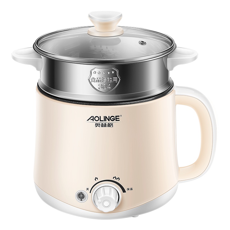 奥林格(AOLINGE) ALG-Q19 保温电煮锅学生锅宿舍家用小煮面1-2人迷你小功率不粘涂层内胆电火锅卡其色带蒸笼