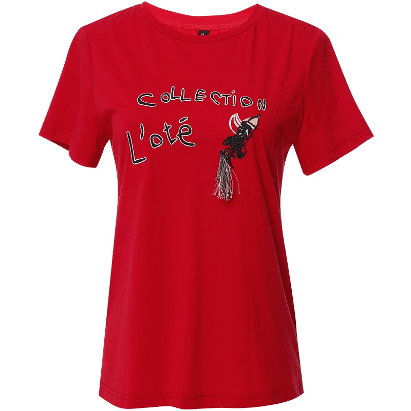 欧昵雪圆领卡通字母绣花显瘦纯棉T恤女宽松短袖上衣