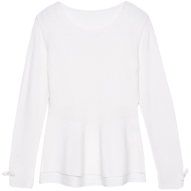 2019爱居兔春装女装简约圆领珍珠点缀长袖针织衫