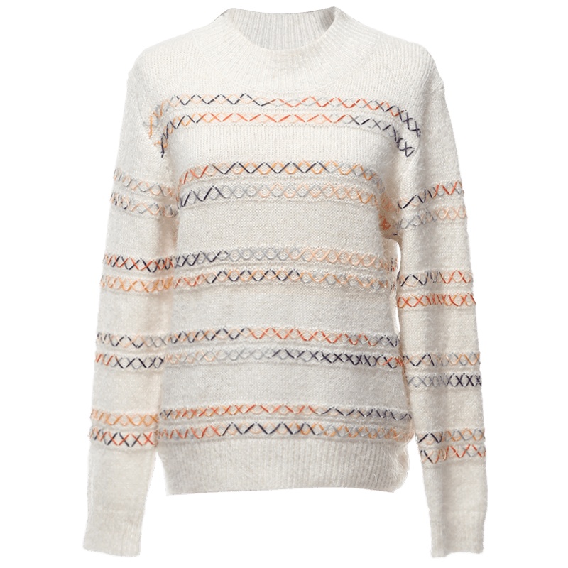 欧昵雪秋冬季彩线条纹圆领套头毛衣女长袖宽松针织衫上衣