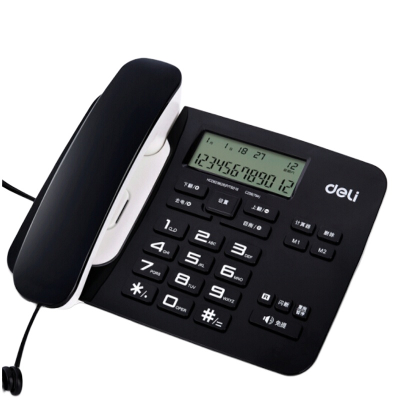 得力 免电池来电显示座机 双接口办公家用电话机 大按键固定电话 带计算器功能 黑色 794