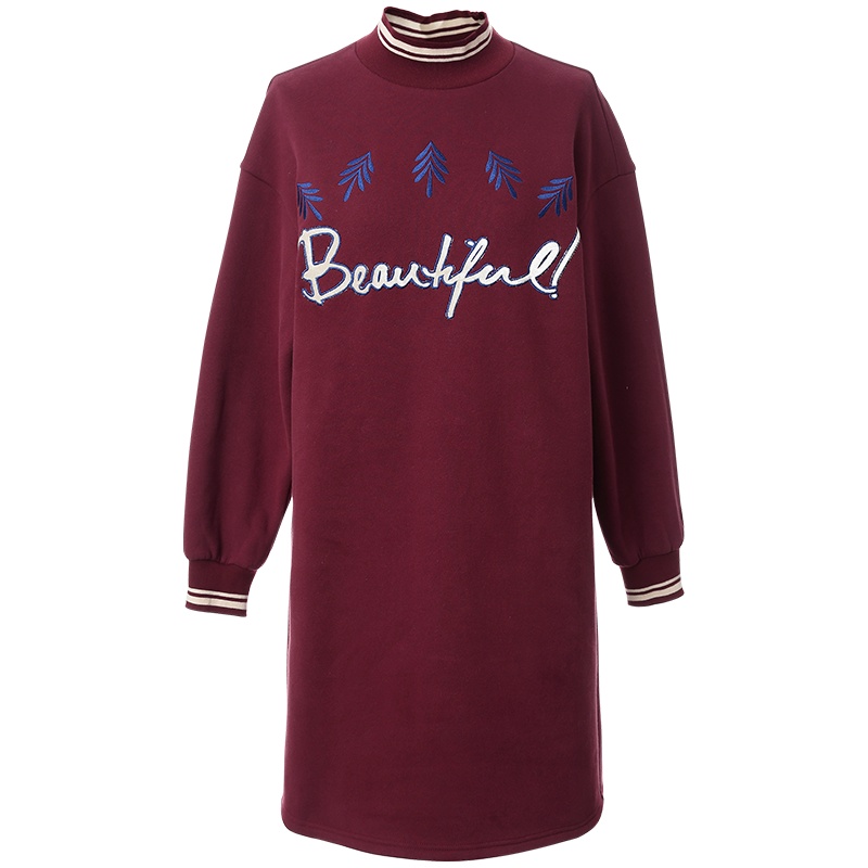 OUNIXUE欧昵雪 | [时尚加绒卫衣裙]秋冬季半高领字母绣花中裙宽松连衣裙女